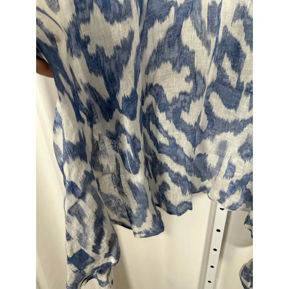 Chico's 100% Linen Open Front Cardigan Blue White Beachy Resortwear 1‎ US Sz M - Picture 4 of 8